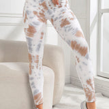 White Tie-Dye High-Waisted Leggings with Side Pocket
