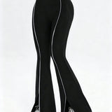 Front Slit High-Rise Flare Pants - Black