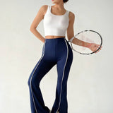 Front Slit High-Rise Flare Pants - Navy Blue