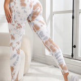 White Tie-Dye High-Waisted Leggings with Side Pocket