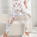 White Tie-Dye High-Waisted Leggings with Side Pocket