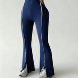 Front Slit High-Rise Flare Pants - Navy Blue