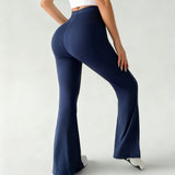 Front Slit High-Rise Flare Pants - Navy Blue