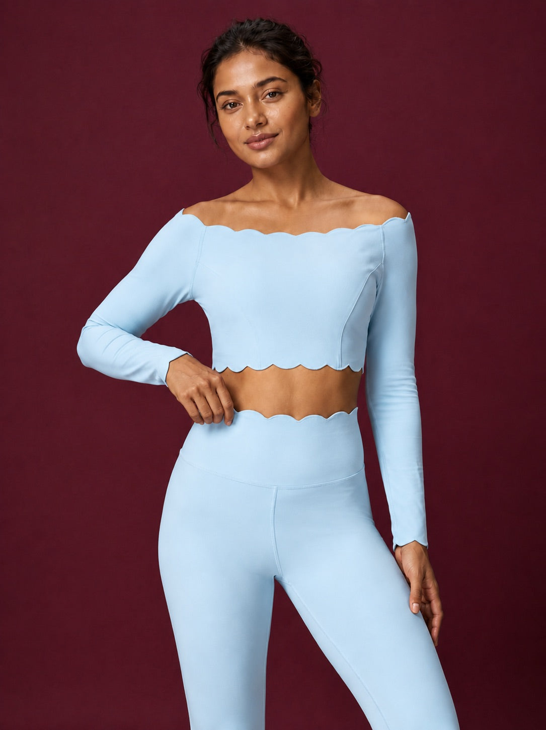 Scallopé Off-Shoulder Long Sleeve padded Crop Top