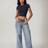 Power Pose Short Sleeve Crop Top - Dark Blue