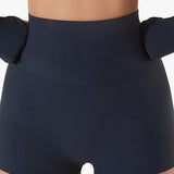 High-Waist Ribbed Seamless Mini Shorts - Navy Blue