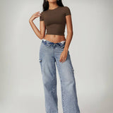 Power Pose Short Sleeve Crop Top - Dark Brown